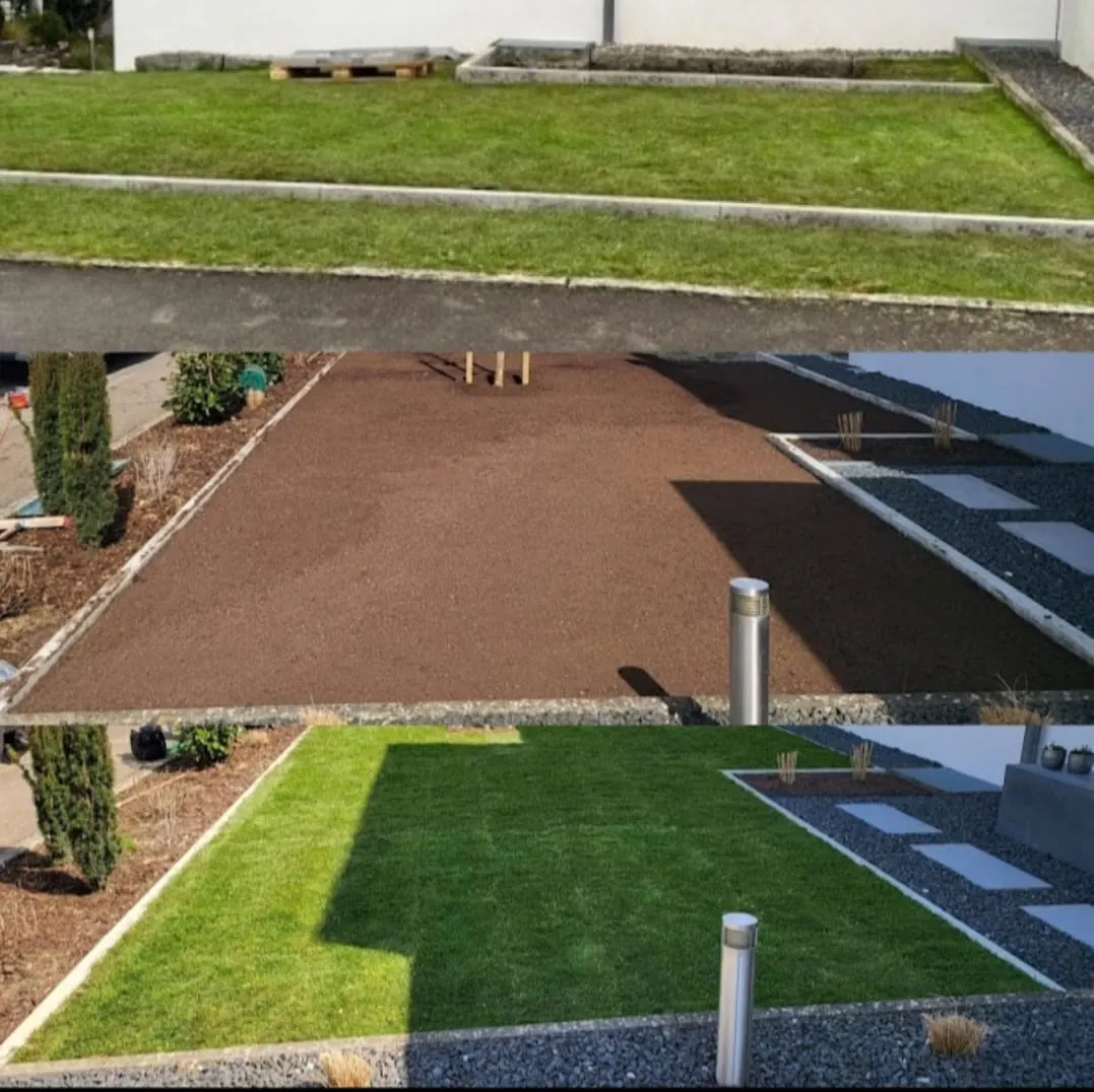 Rasenfläche vor und nach der Neuanlage mit Pflasterweg