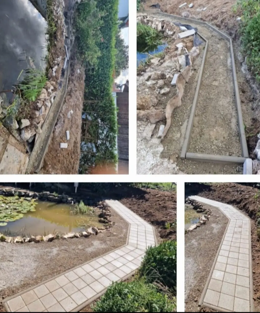 Gartenweg aus hellen Pflastersteinen, im Bau und fertig