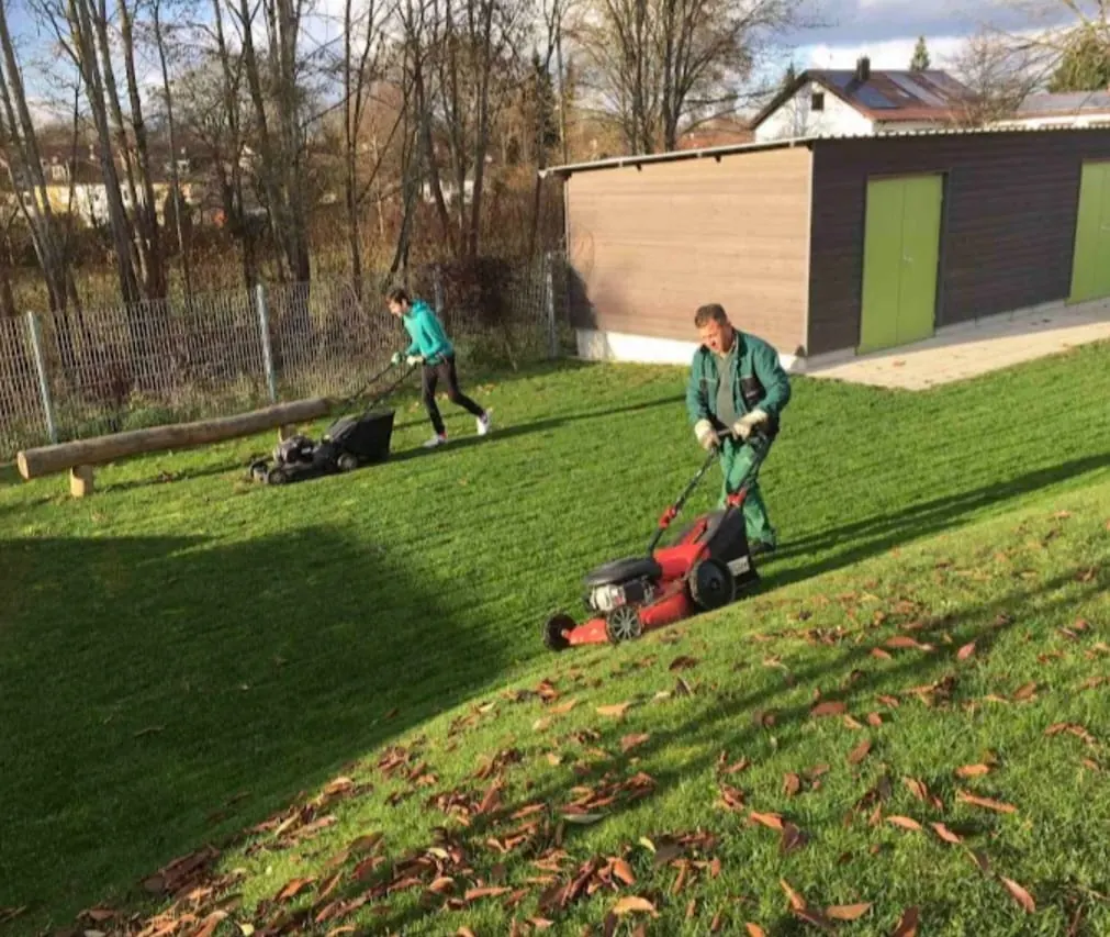 Team von Maksuti beim Rasenmähen